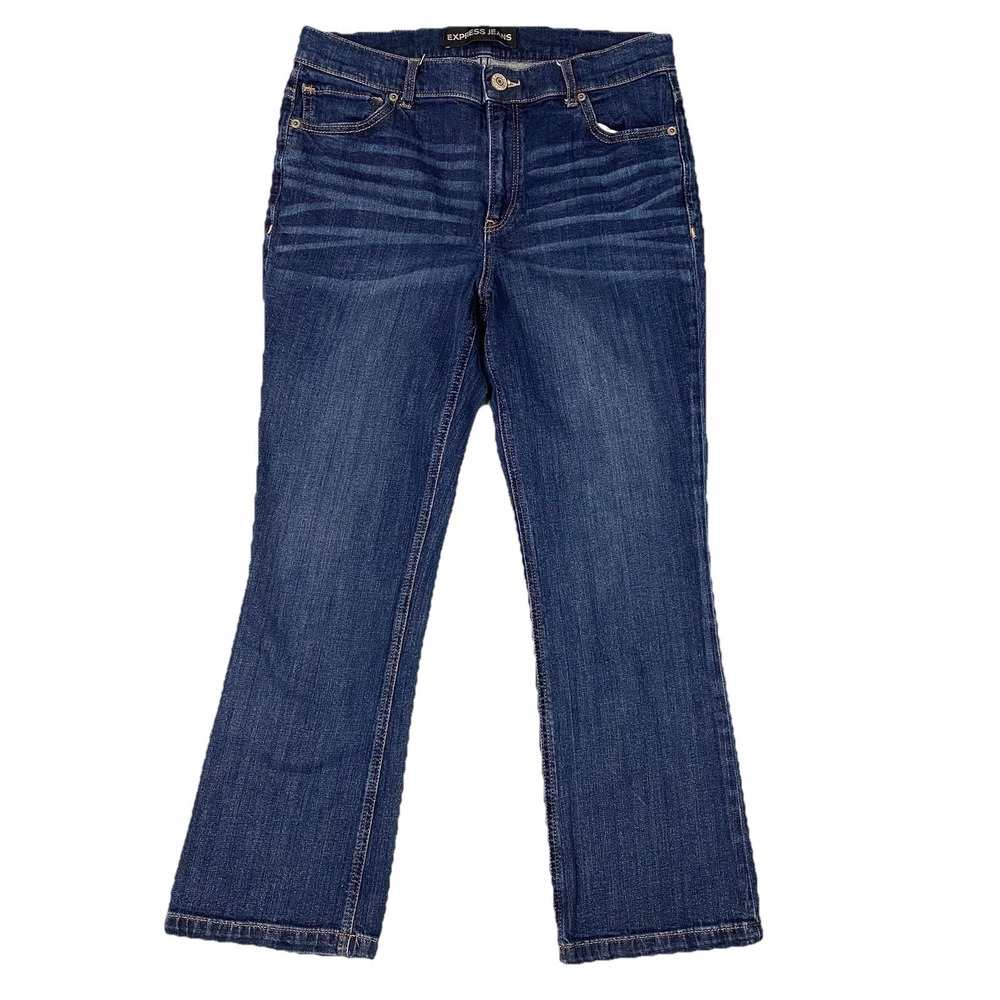 Express Bell Crop High Rise Dark Wash Flared Jeans Womens 10 Blue - Picture 1 of 8